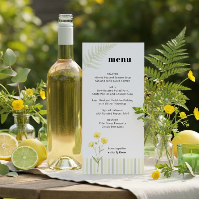 Modern Citrus Grön Vildblomma Randig Bröllopsmeny Meny (Menu from the Citrus Green Wildflower wedding collection by Darling & May)
