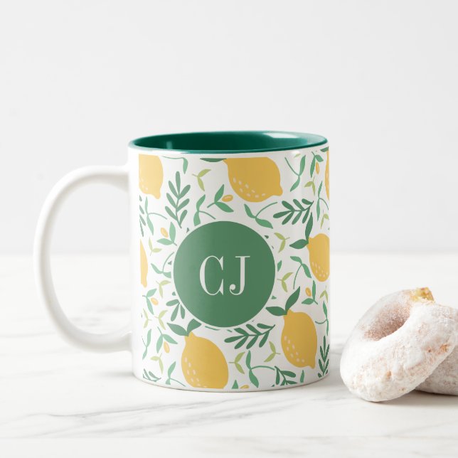 Modern Citrus Gult Grönt Löv Monogram Två-Tonad Mugg (Med munk)