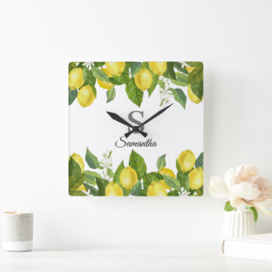 Modern Citrus Monogram Namn Fyrkantig Klocka