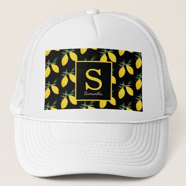 Modern Citrus Monogram Namn Truckerkeps (Framsida)