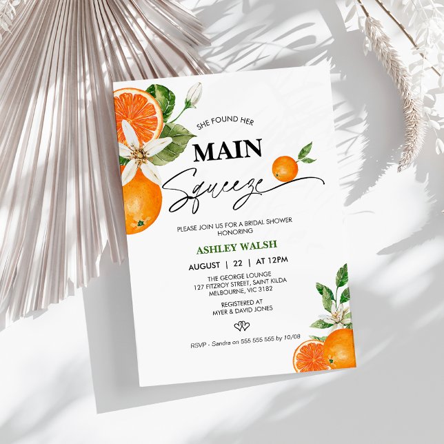 Modern Citrus Orange Main Squeeze Möhippa Inbjudningar (Oranges She Found Her Main Squeeze Bridals Shower Invitation, Citrus Bridal Shower Invitation,)