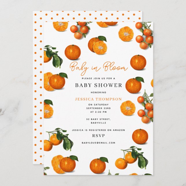 Modern Citrus Oranges Baby i Bloom Baby Shower Inbjudningar (Fram/baksida)