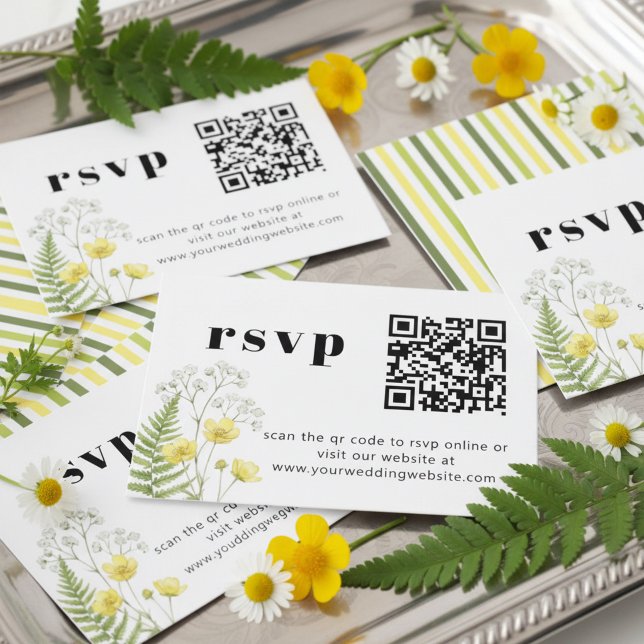 Modern Citrus Vildblomma Randig QR RSVP Tilläggskort (QR Code Online RSVP Cards - from Citrus Green Wildflower wedding collection by Darling & May)