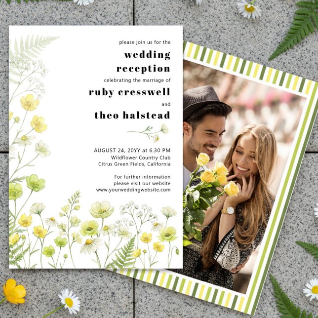 Modern Citrus Wildflower Stripe Photo Reception Inbjudningar (Wedding Reception Only Invitation - from Citrus Green Wildflower wedding collection by Darling & May)