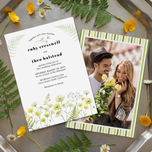 Modern Citrus Wildflower Stripe Photo Wedding Inbjudningar (Wedding Invitation with engagement photo from Citrus Green Wildflower collection by Darling & May)