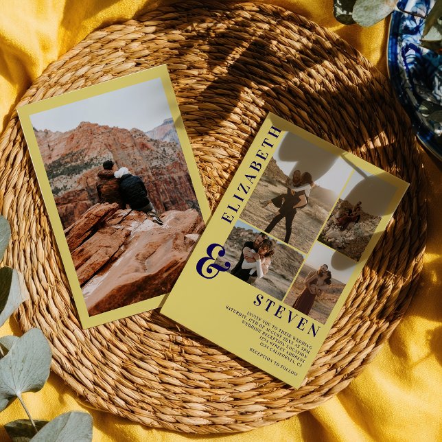 Modern Citrus Yellow Ampersand 5-Photo Wedding Inbjudningar (Modern Citrus Yellow Ampersand 5-Photo Wedding Invitation)