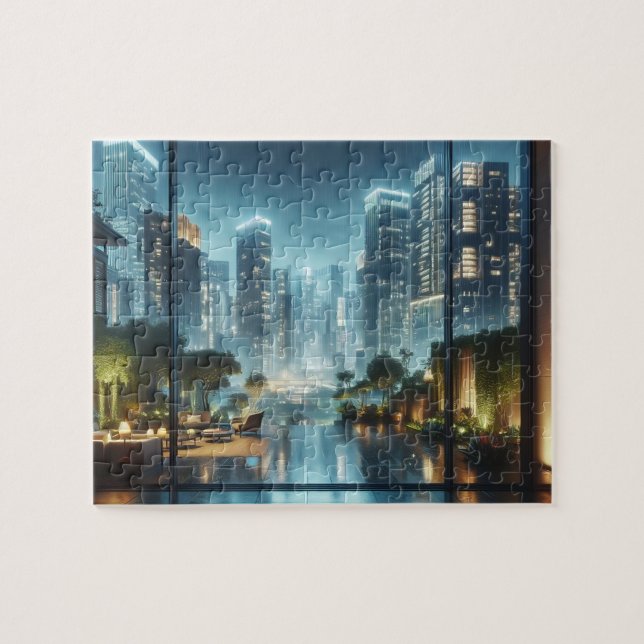 Modern City View vid Rining Night Jigszle Puzzle Pussel (Horisontell)