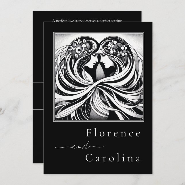 Modern Classic Art Deco Black & White Bröllop Inbjudningar (Fram/baksida)