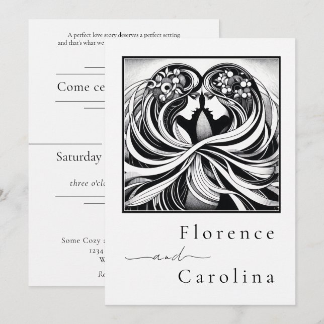 Modern Classic Art Deco Black & White Bröllop Inbjudningar (Fram/baksida)