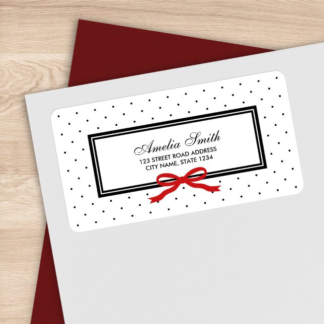 Modern Classic Black Polka Dot Red Ribbon Adress Adressetikett (Skapare uppladdad)