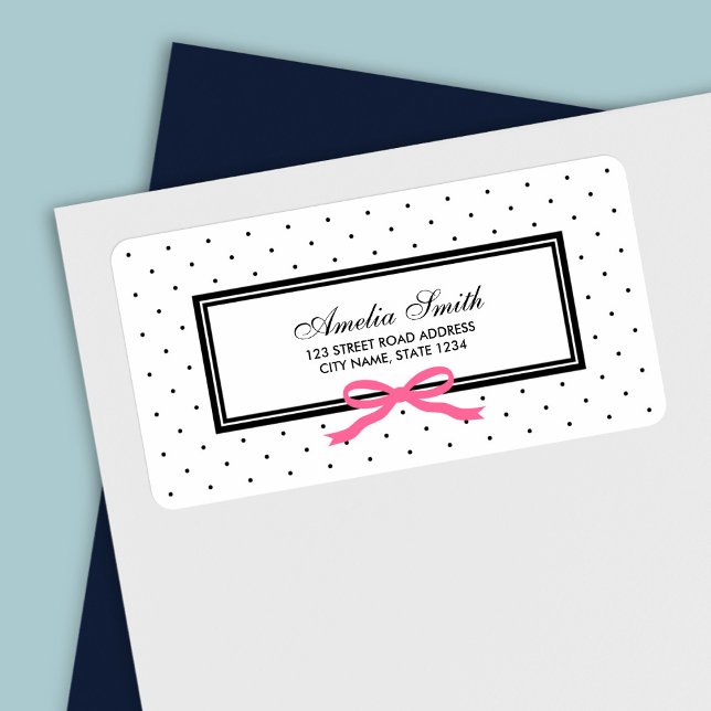Modern Classic Black Polka Dot Rosa Ribbon Adress Adressetikett (Skapare uppladdad)
