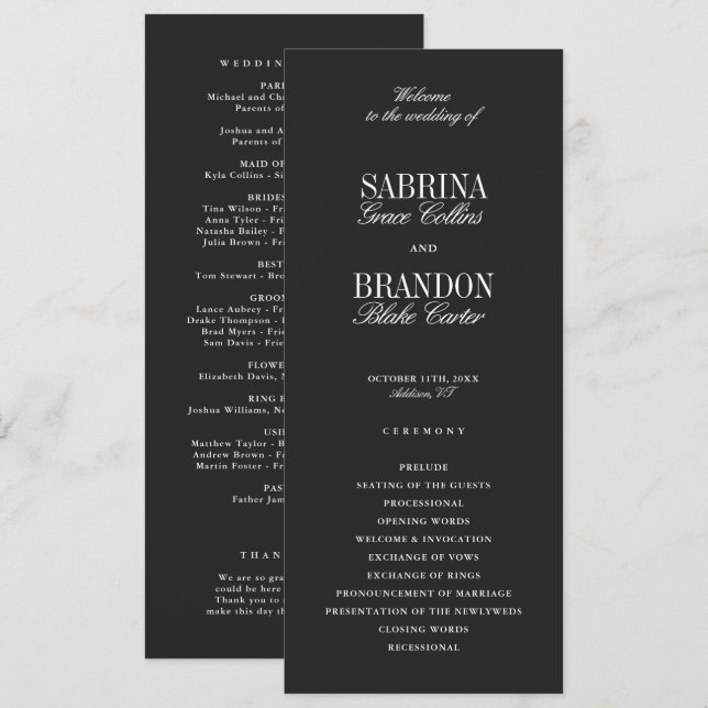Modern Classic Black Wedding Ceremony Program (Fram/baksida)