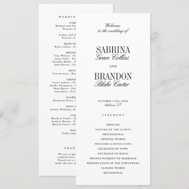 Modern Classic Black Wedding Ceremony Program (Fram/baksida)