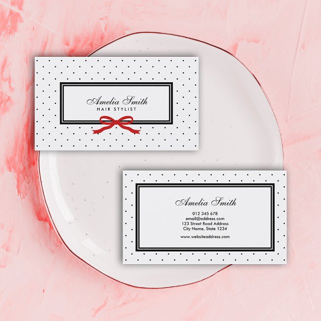 Modern Classic Black White Polka Dot Red Ribbon Visitkort (Skapare uppladdad)