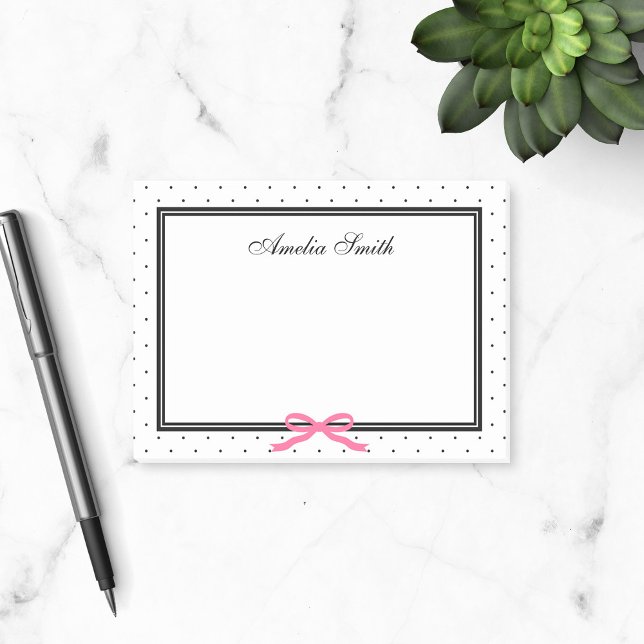 Modern Classic Black White Polka Dot Rosa Ribbon Post-it Block (Skapare uppladdad)