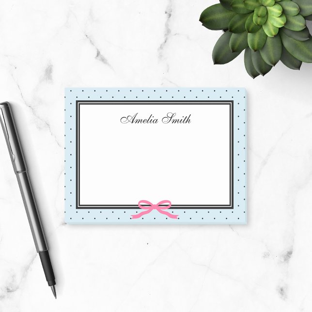 Modern Classic Blue Black Polka Dot Rosa Ribbon Post-it Block (Skapare uppladdad)