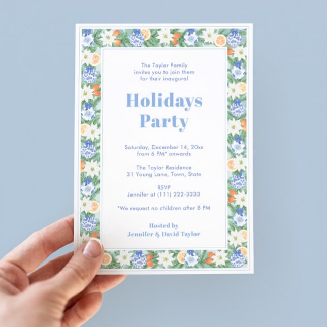 Modern Classic Chinoiserie Citrus Helgdagars Party Inbjudningar (Citrus Ginger Jar Holidays Party Invitation Featuring Hand Painted Chintz border in blues and orange)