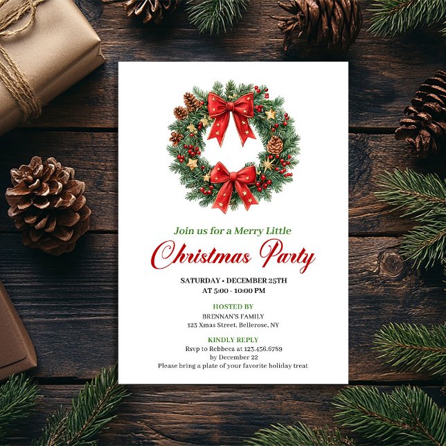 Modern Classic Christmas Wreath Party Invitation Inbjudningar (Modern Classic Christmas Wreath Party Invitation)