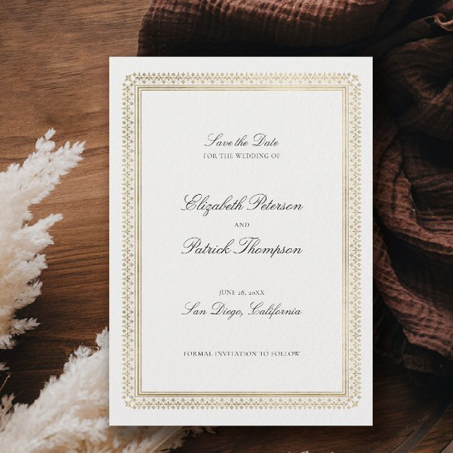 Modern Classic Formal Golden Lys Ivory Wedding Spara Datumet (formal traditional wedding save the date modern classic gold ivory deco ballroom calligraphy)