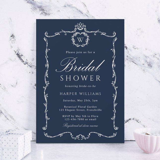 Modern Classic French Frame Bridal Shower Navy Inbjudningar (Skapare uppladdad)
