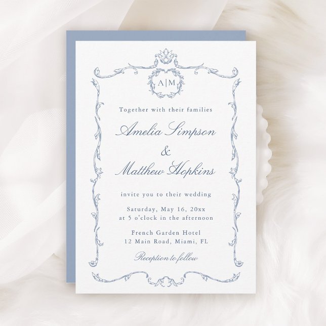 Modern Classic French Frame Wedding Dusty Blue Inbjudningar (Skapare uppladdad)