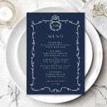 Modern Classic French Frame Wedding Navy Blue Meny<br><div class="desc">Elegant French frame wedding menu with monograms. For more advanced customization of this design,  please click the BLUE DESIGN TOOL BUTTON above!  Matching items are also available.</div>