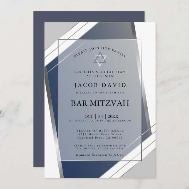 Modern Classic Geometric Blue Silver Pub Mitzvah I Inbjudningar (Fram/baksida)