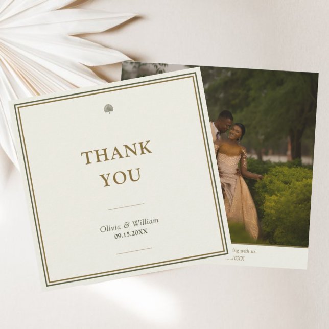 Modern Classic Ivory & Guld Bröllop Photo Tack Kort (Elegant ivory & gold square thank you card with photo back keepsake option.)
