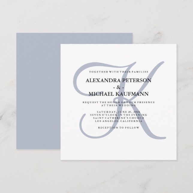 Modern Classic Monogram | Dusty Blue Bröllop Inbjudningar (Fram/baksida)