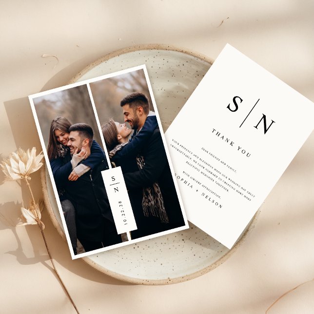 Modern Classic Monogram Photo Bröllop Tack Kort (Skapare uppladdad)