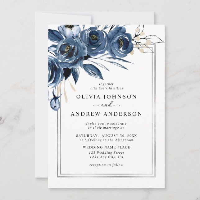 Modern Classic Navy Blue Floral Photo Wedding Inbjudningar (Framsida)