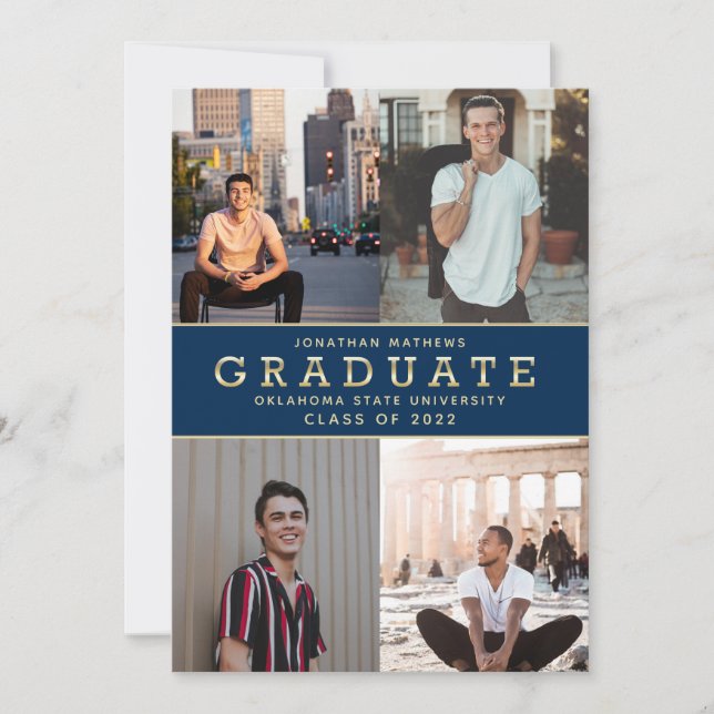 Modern Classic Navy Blue Guld Photo Studenten Inbjudningar (Framsida)