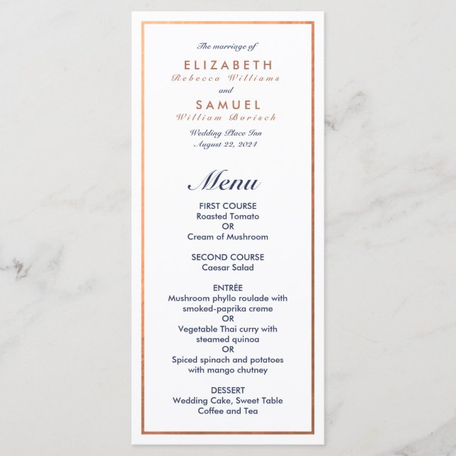 Modern Classic Navy Faux Copper Bröllop Menu Meny (Framsida)
