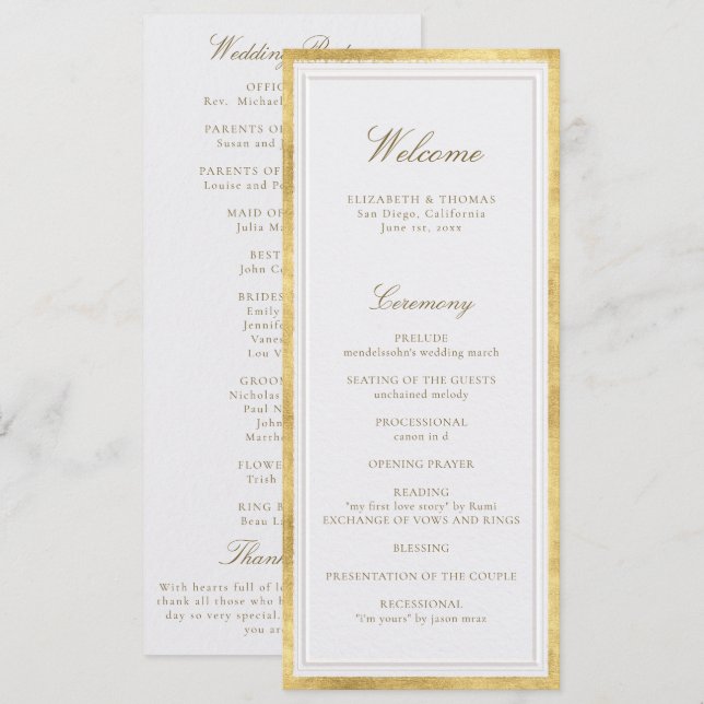 Modern Classic Pearl Gold Formal Wedding Program (Fram/baksida)