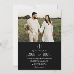 Modern Classic Plain Black Monogram Photo Bröllop Inbjudningar