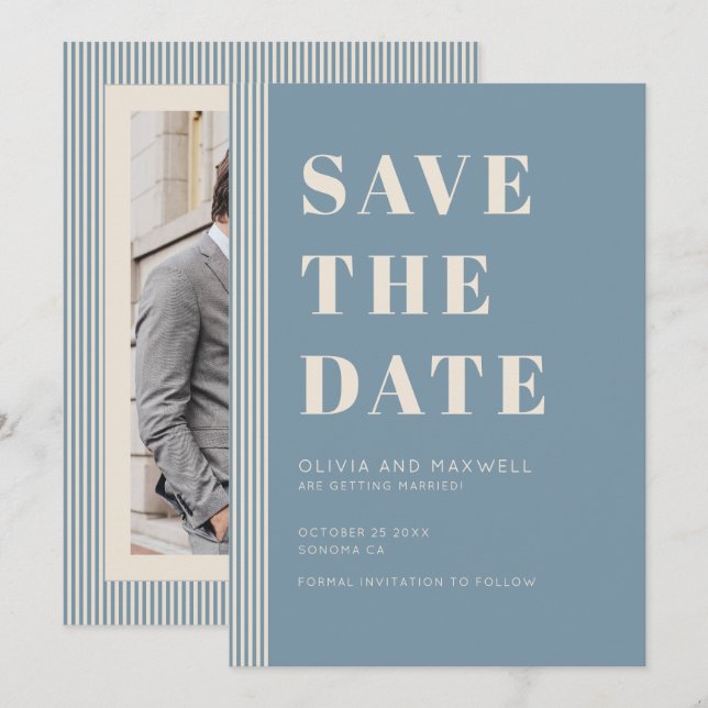Modern Classic Save The Date Blue Striped Photo Inbjudningar (Fram/baksida)