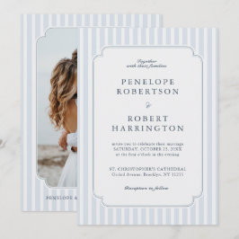 Modern Classic Stripes Dusty Blue Photo Wedding Inbjudningar