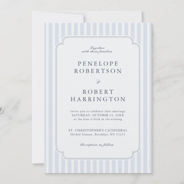 Modern Classic Stripes Dusty Blue QR Code Wedding  Inbjudningar (Framsida)