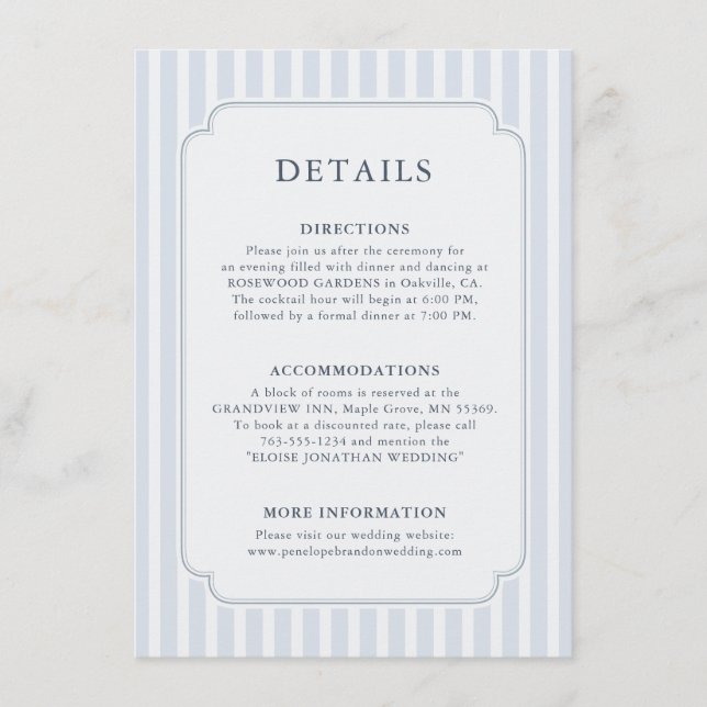 Modern Classic Stripes Dusty Blue Wedding Details Tilläggskort (Framsida)