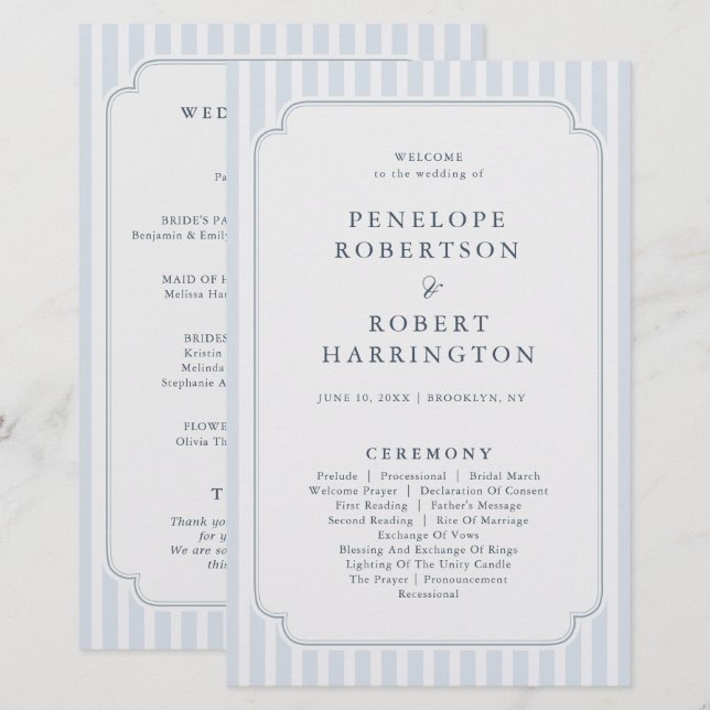 Modern Classic Stripes Dusty Blue Wedding Program (Fram/baksida)
