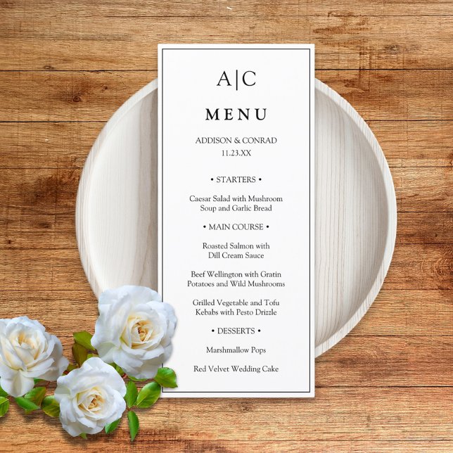 Modern Classic White Monogram Bröllop Flat Menu Meny (Skapare uppladdad)