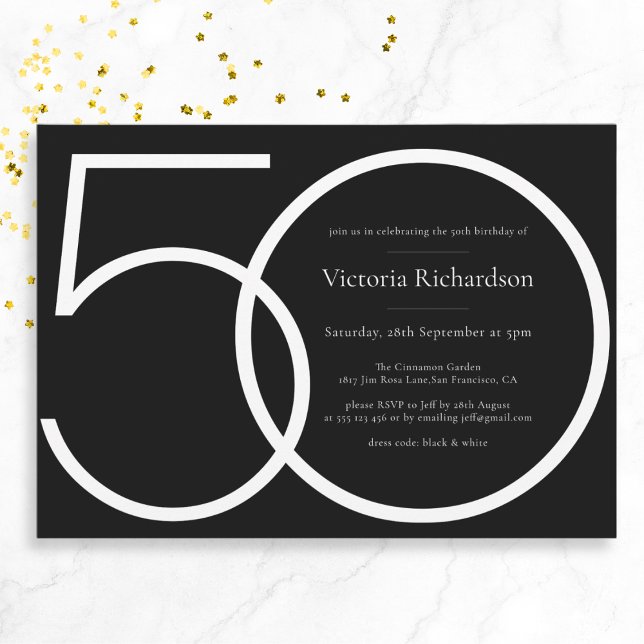 Modern Classy Black White-minimalistisk 50:e födel Inbjudningar (Mockup view)