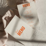 Modern Classy Bright Whimsical Roligt Bröllop Meny<br><div class="desc">En färglös funky,  modern,  smart bröllop-middagsmeny. Med chicens malldesign för boho-vintagens grå bakgrund och orange typografi och handskriven meny i orange. Perfekt och matchning med hela sviten.</div>