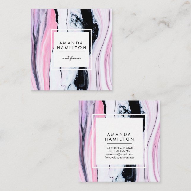 Modern Classy ELEGANT Black ROSA WHITE MARBLE Fyrkantigt Visitkort (Fram/baksida)