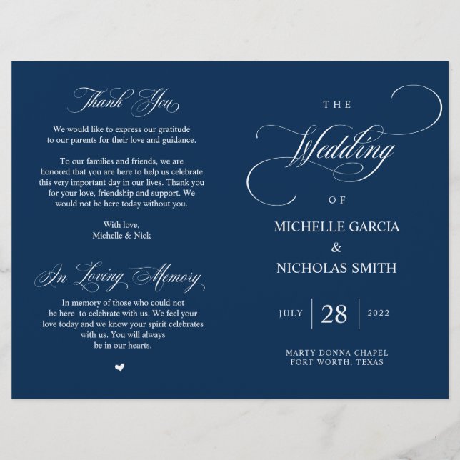 Modern Classy Navy Blue, Folable Bröllopsprogram (Framsida)
