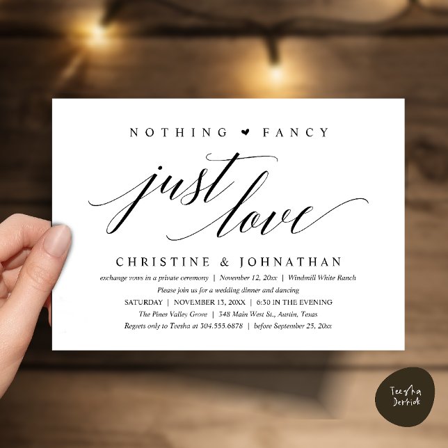 Modern Classy Nothing Fancy, Just Love, Reception Inbjudningar (Modern Classy Nothing Fancy, Just Love, Wedding Reception Dinner Invitation Card in Black and White)