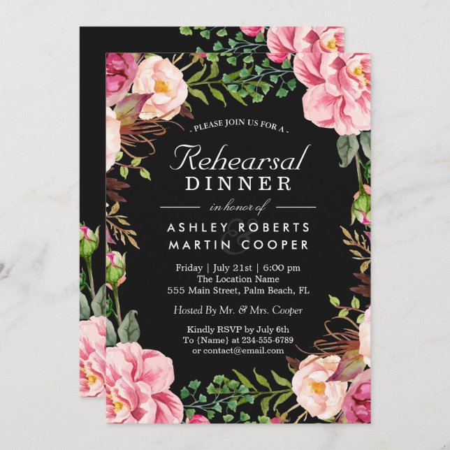 Modern Classy Rosa Blommigt Bröllop Rehearsal Dinn Inbjudningar (Fram/baksida)