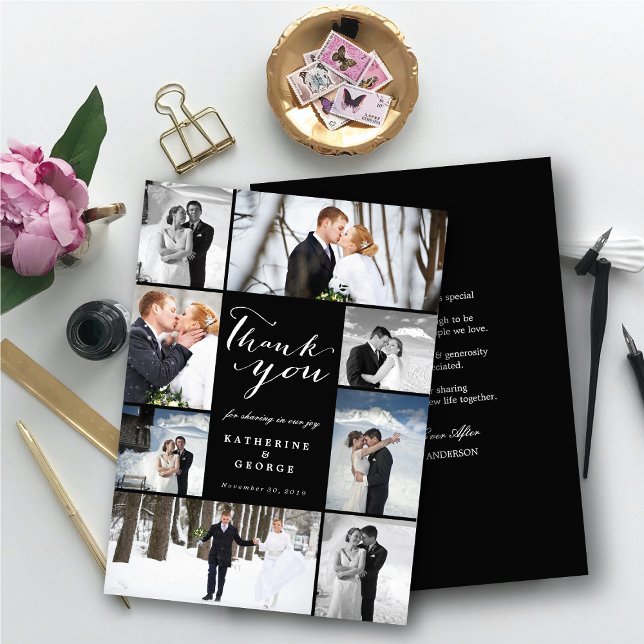 Modern Classy Script 8 Multi Photo Snyggt Bröllop Tack Kort (Modern Classy Script 8 Multi Photo Collage Stylish Wedding Thank You Card @ fatfatin_blue_knot)