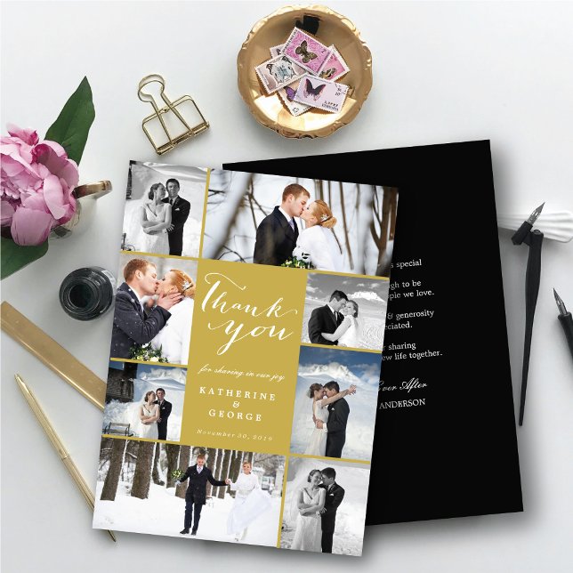 Modern Classy Script 8 Multi Photo Snyggt Bröllop Tack Kort (Modern Classy Script 8 Multi Photo Collage Stylish Wedding Thank You Card @ fatfatin_blue_knot)
