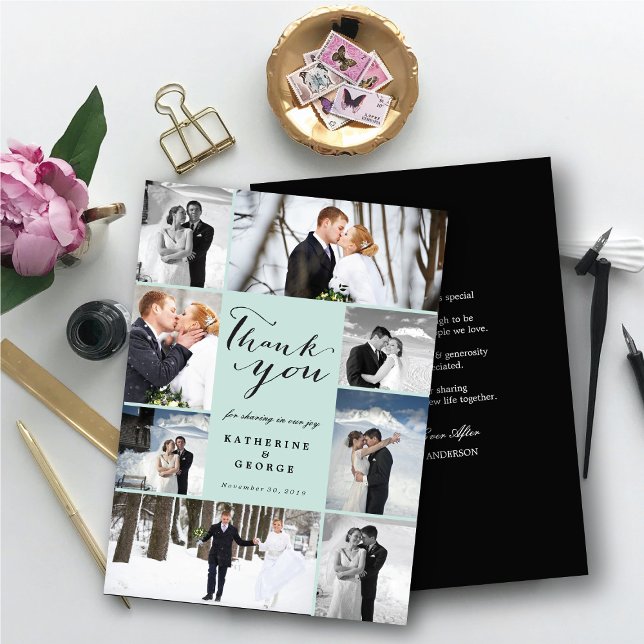Modern Classy Script 8 Multi Photo Snyggt Bröllop Tack Kort (Modern Classy Script 8 Multi Photo Collage Stylish Wedding Thank You Card @ fatfatin_blue_knot)